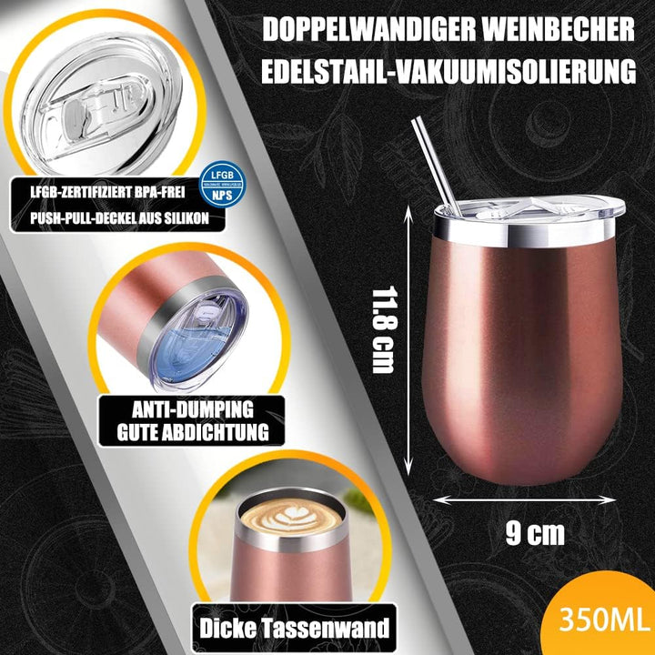 Wein Becher to go,2 Stück Weinglas to go,Edelstahl Weinbecher Isoliert mit Deckel,Sekt Camping Gesch