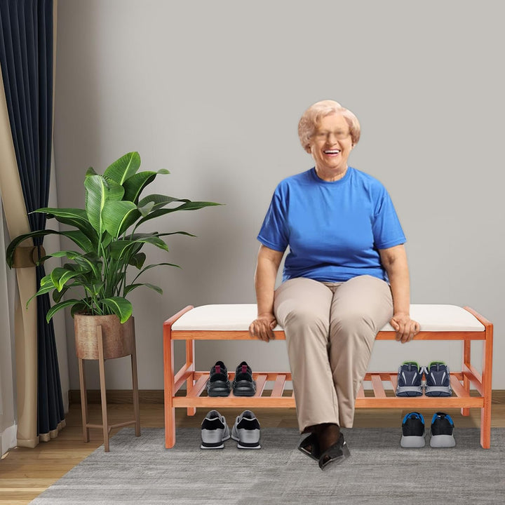 Rotbraune Schuhbank aus Gummiholz mit PU Sitzkissen freistehend | 100 mal 34 mal 42 cm Gesamtgrösse