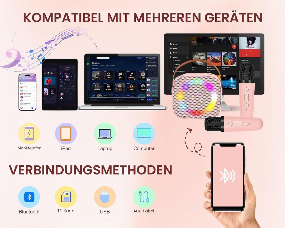 Karaoke Maschine Mini Tragbares Bluetooth Karaokemaschinen mit 2 Kabellosen Mikrofonen für Kinder Er