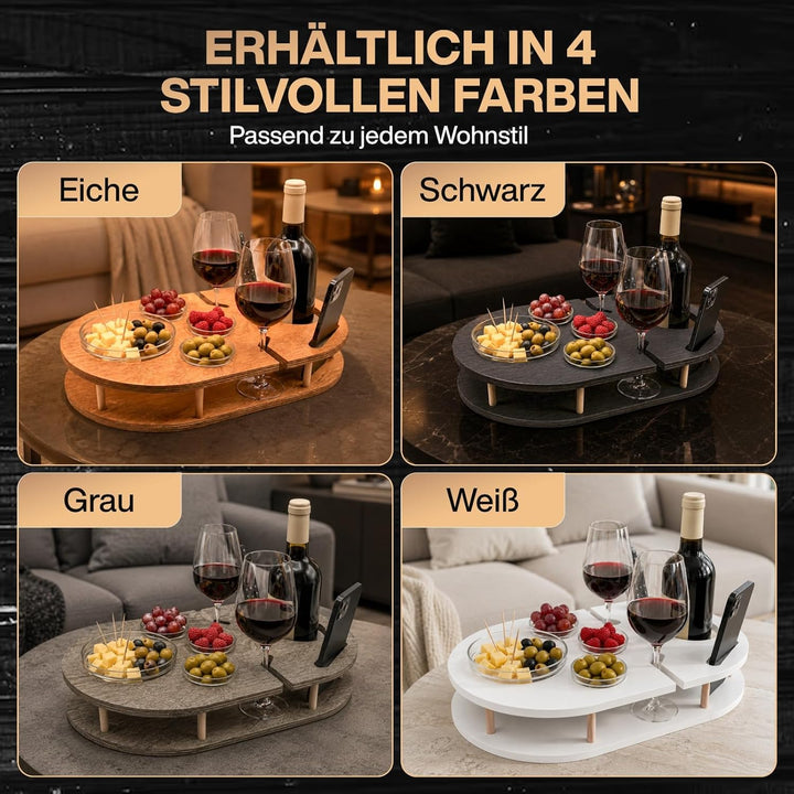 Couchbar Weinbar in Eiche mit 4 Glasschalen | PERSONALISIERBAR | Snackbox für Wein mit Getränkehalte