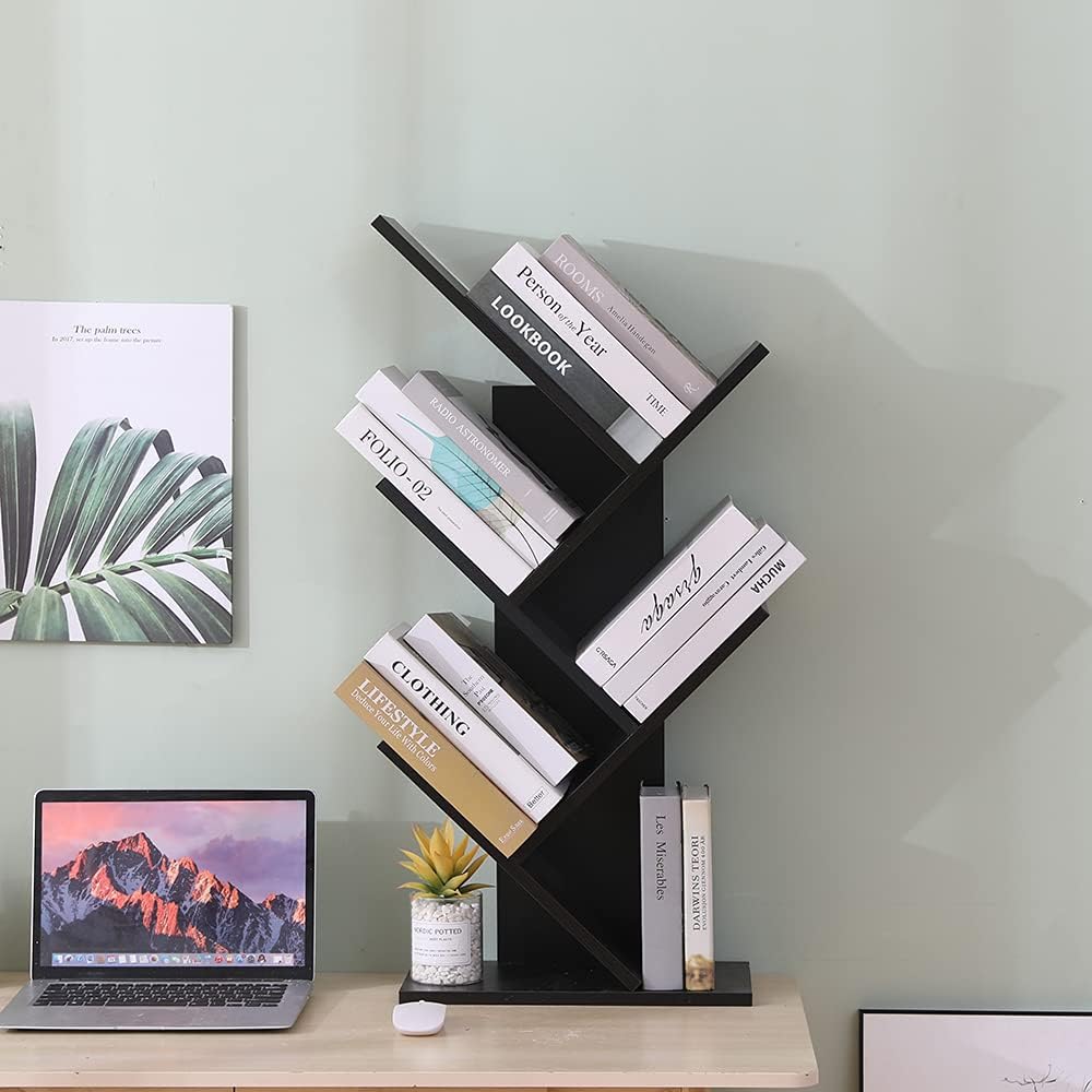 Etnicart Modernes Bücherregal mit Baum freistehend Bücherregal CD Holz MDF Regale Nachttisch 40x20x7