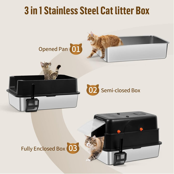 Katzenklo Edelstahl XXL mit Deckel, grosses geschlossenes Katzentoilette mit hoher Rand und Streusch