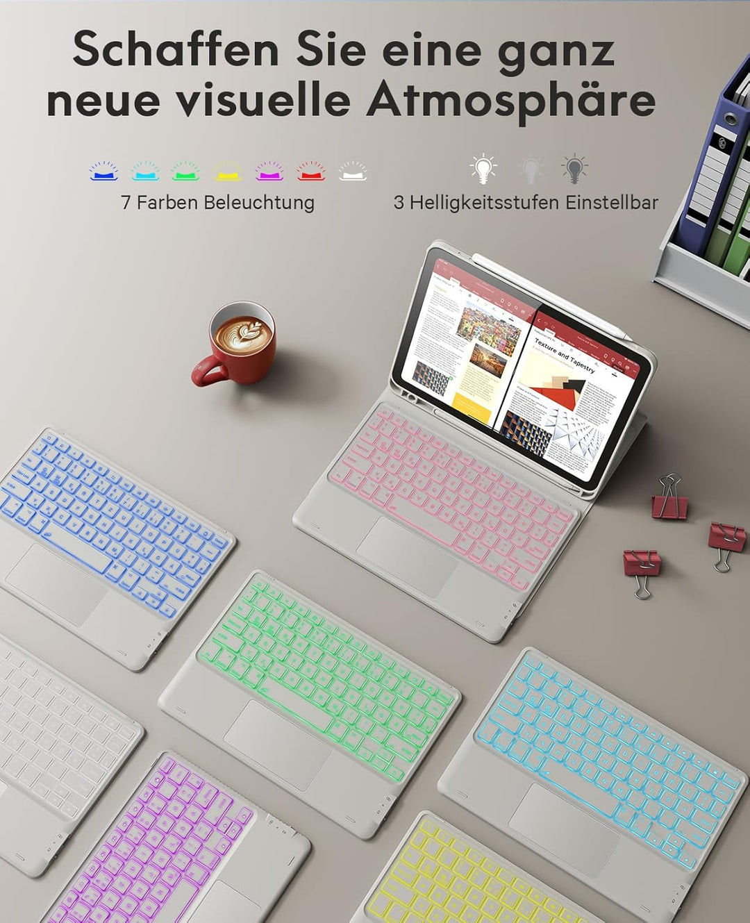 CHESONA Hülle mit Tastatur für iPad 10 Generation/11 Generation A16 2025, 7 Farben Beleuchtung, Mult