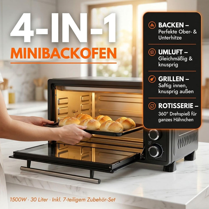Minibackofen 30 Liter mit Drehspiess & Umluft, 1500W, 100–230°C, 60 Min. Timer, Hähnchengrill Mini B