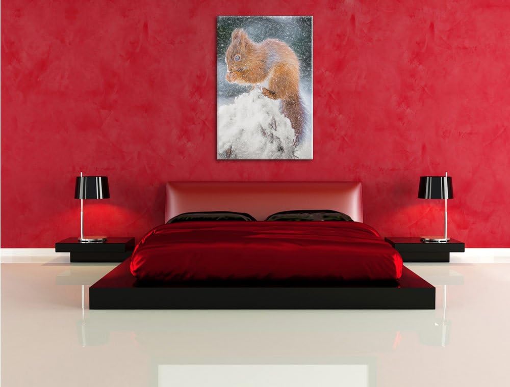 Pixxprint Kleines Eichhörnchen im Winter als Leinwandbild/Grösse: 100x70 cm/Wandbild/Kunstdruck/fert