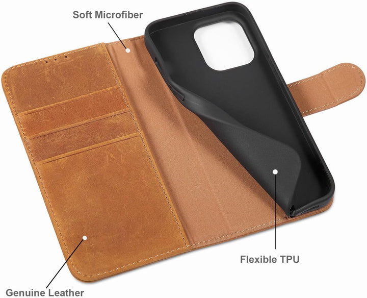 LENSUN Echtleder Hülle für iPhone 13 Pro, Handyhülle [Echtes Leder][Magnetverschluss][RFID Schutz] H