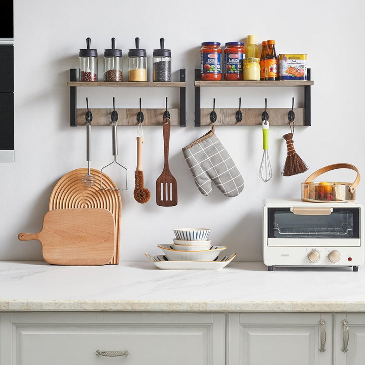 YMYNY Wandgarderoben mit Ablage, 2er Set Wandregal in einem Paket, Garderobenhaken mit 8 Doppelhaken