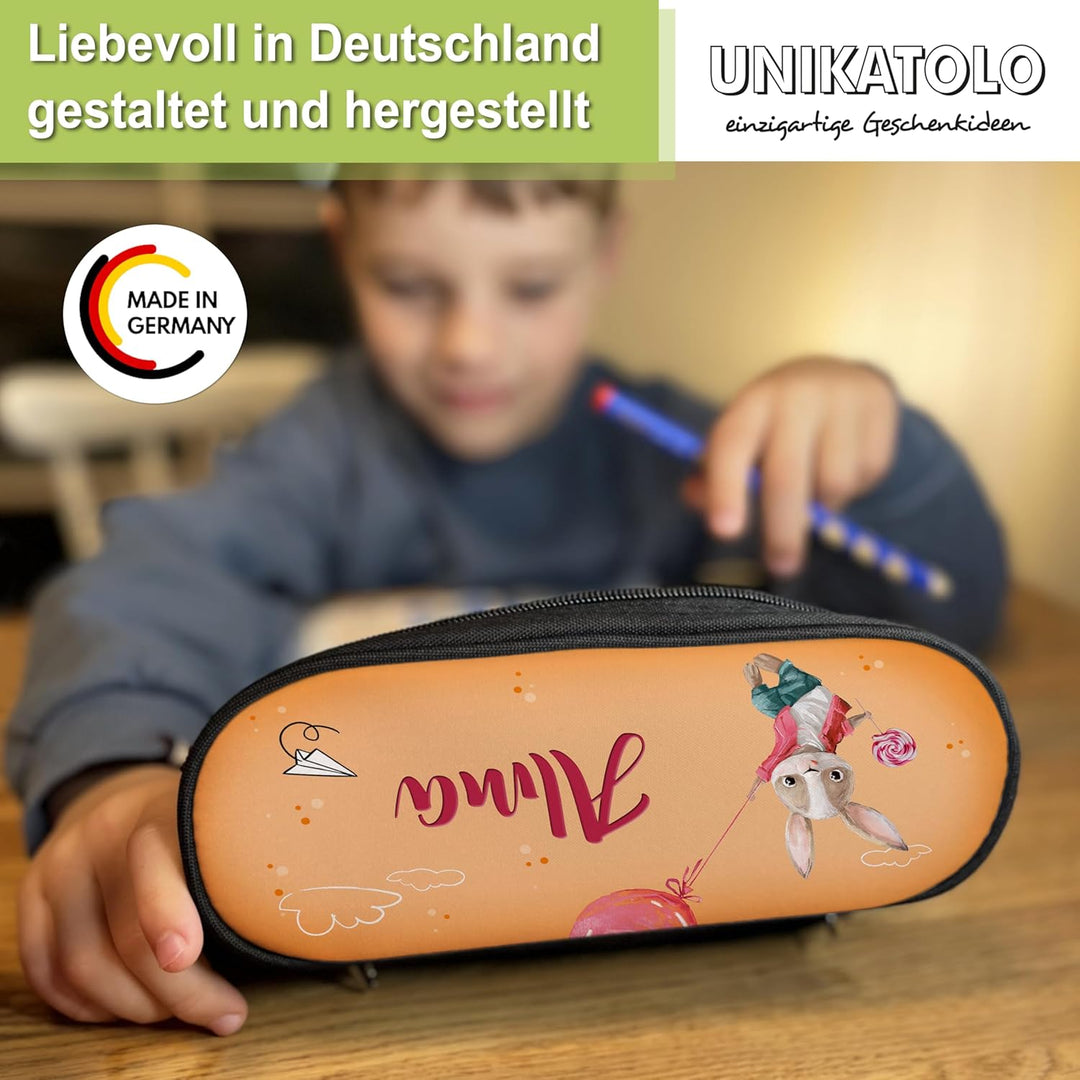 Federmäppchen Hase mit Name personalisiert, niedliche Federmappe orange Stiftebox, Federtasche, Gesc