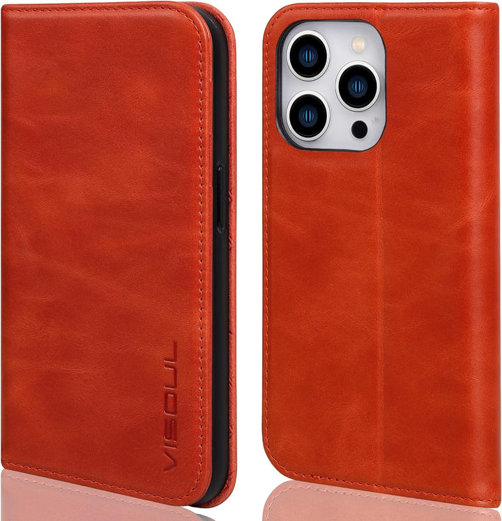 VISOUL Hülle für iPhone 14 Pro Max Handyhülle [Echtleder] [Kartenfach] [Magnet] [Standfunktion], TPU
