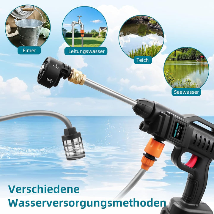 Akku Hochdruckreiniger,62 Bar Mobiler Hochdruckreiniger,Druckreiniger mit 2×3.0Ah Akkus,6-In-1 Multi