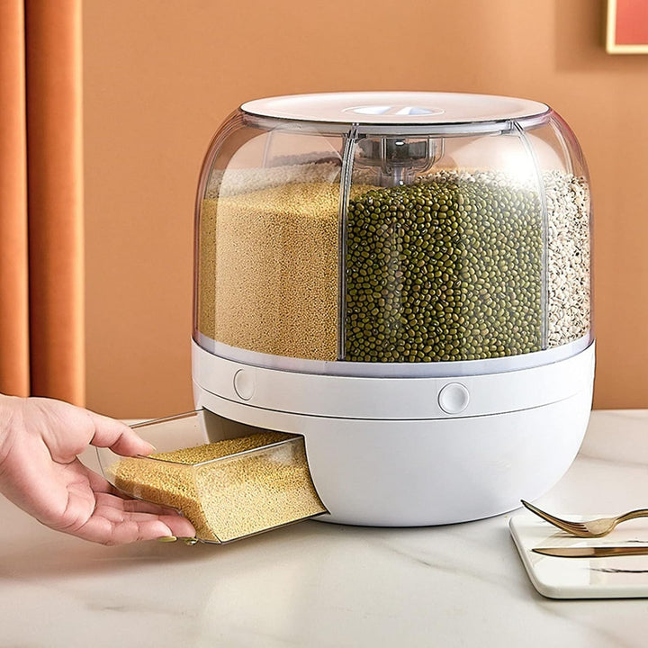 Vorratsdosen Müsli Aufbewahrungsbox, 5kg 6 Raster Kunststoff Trockenfutter Spender Reisbox 360° Dreh