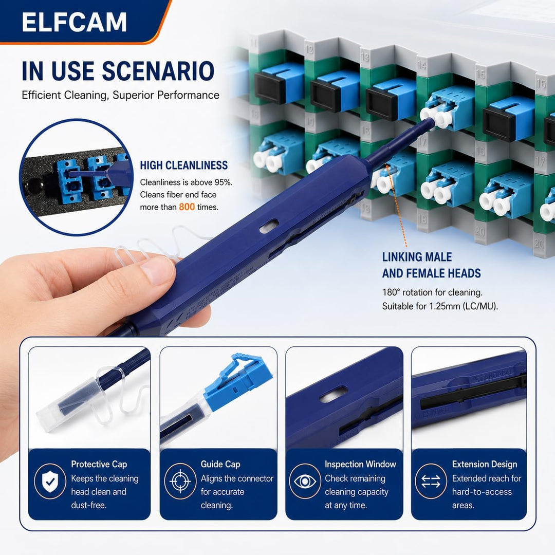 Elfcam® - Glasfaser Reinigungsstifte, LWL Reinigungsstift für LC/SC/FC/ST/ E2000 Steckverbindungen,