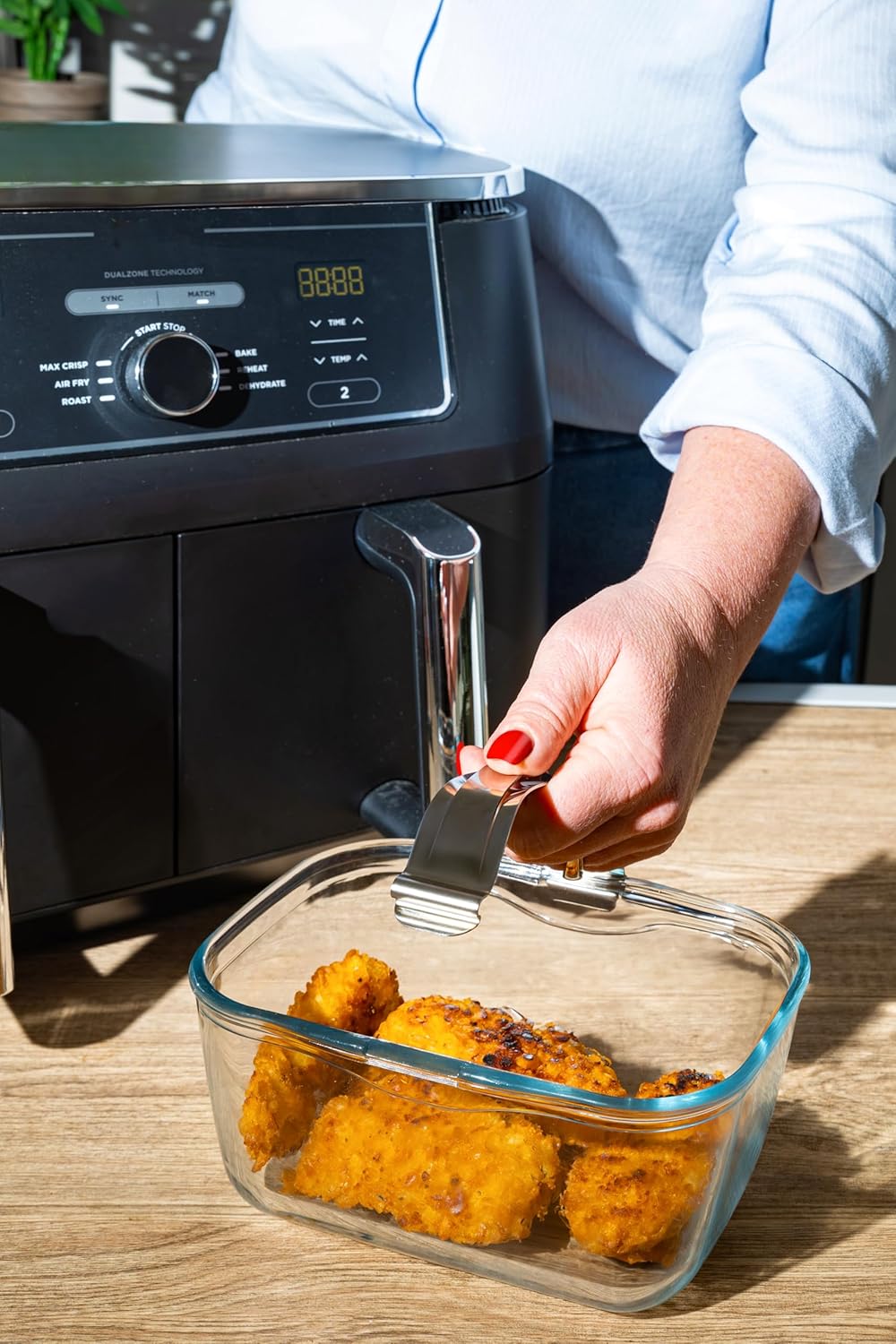 PYREX Ideal Air Fryer Glas-Backform 20 x 14 cm mit abnehmbarem Edelstahl-Clip-Griff für Dual-Korb-Lu