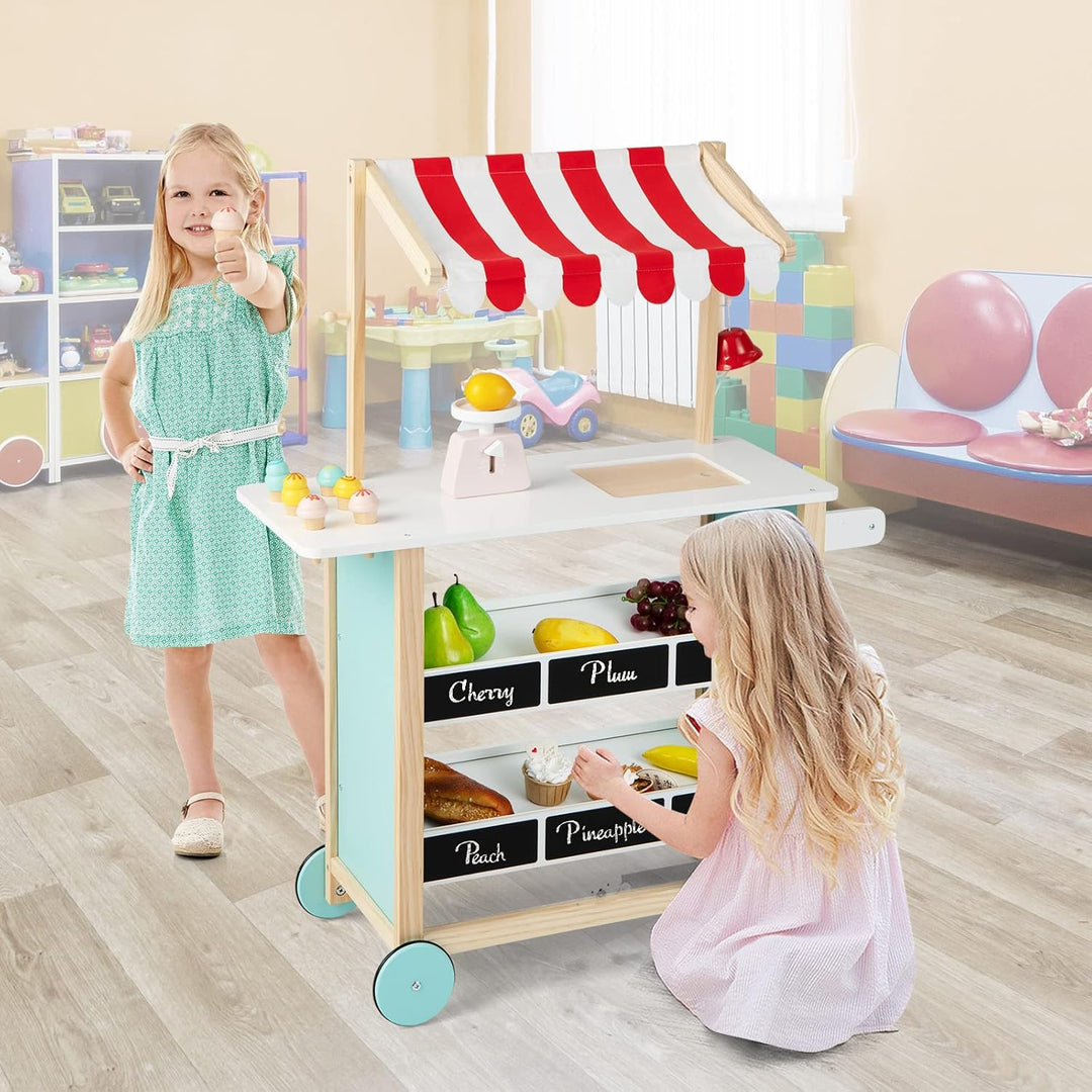 COSTWAY Kinder Eiswagen mit 6 Eiscreme, Kaufladen Holz mit 2 Ablagen, Einkaufswagen auf Rollen, inkl