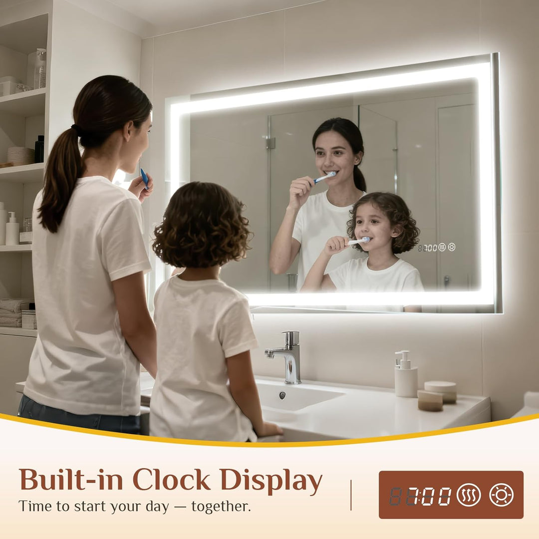 Clevich Badspiegel mit Beleuchtung und Uhr 100×60 cm, LED Spiegel mit 3 Lichtfarben dimmbar, gehärte