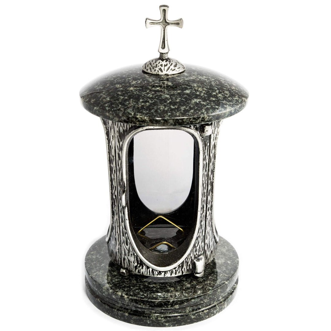 Stilvolle Grablaterne Anthrazit mit Kreuz Granit Impala dunkel Höhe 27 cm/Ø 15 cm Grableuchte Grabli