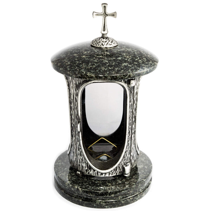 Stilvolle Grablaterne Anthrazit mit Kreuz Granit Impala dunkel Höhe 27 cm/Ø 15 cm Grableuchte Grabli
