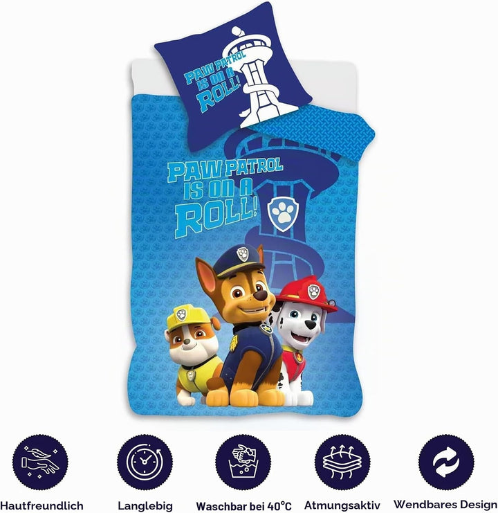 Paw Patrol Blaues Kinderbett-Bettwäsche-Set | Bettbezug 100x140 cm + Kopfkissenbezug 40x45 cm | 100%