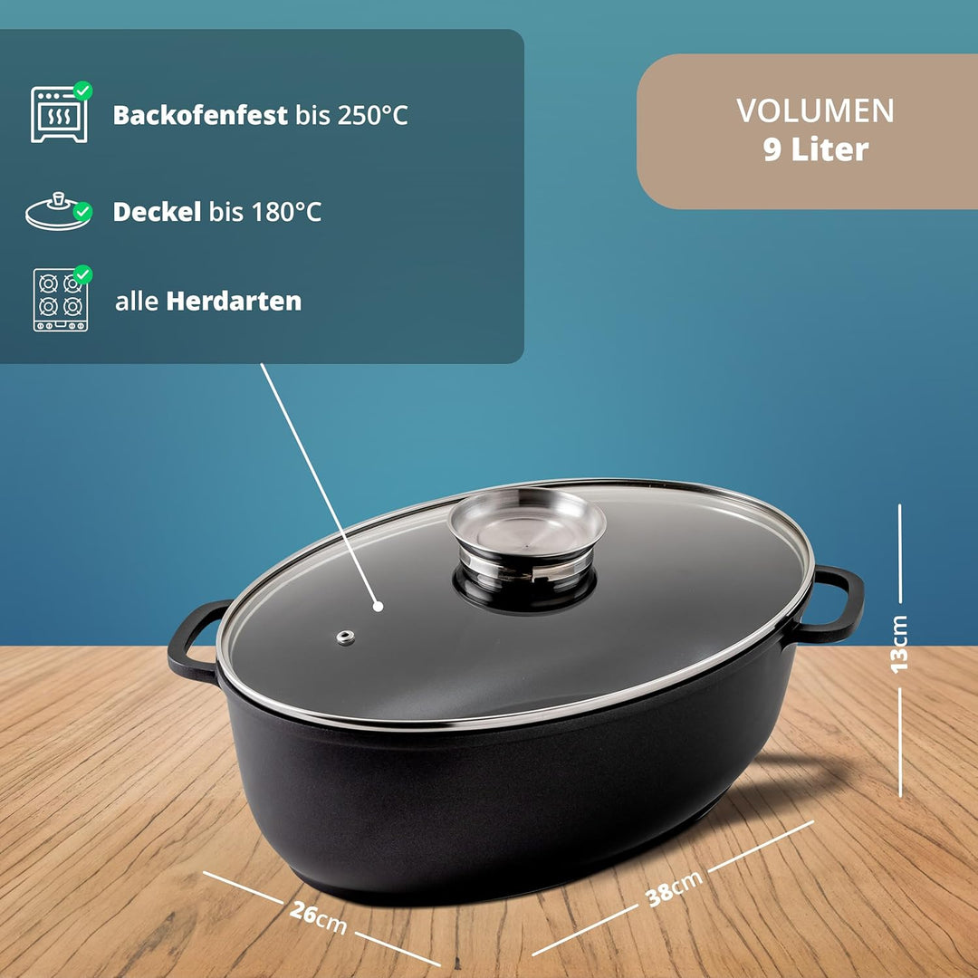 KHG Aluminium Bräter mit Glasdeckel & Aromaknopf 26x38 cm Oval 9 L - ILAG Xeradur®5 Antihaftbeschich