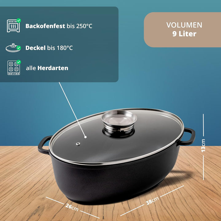 KHG Aluminium Bräter mit Glasdeckel & Aromaknopf 26x38 cm Oval 9 L - ILAG Xeradur®5 Antihaftbeschich