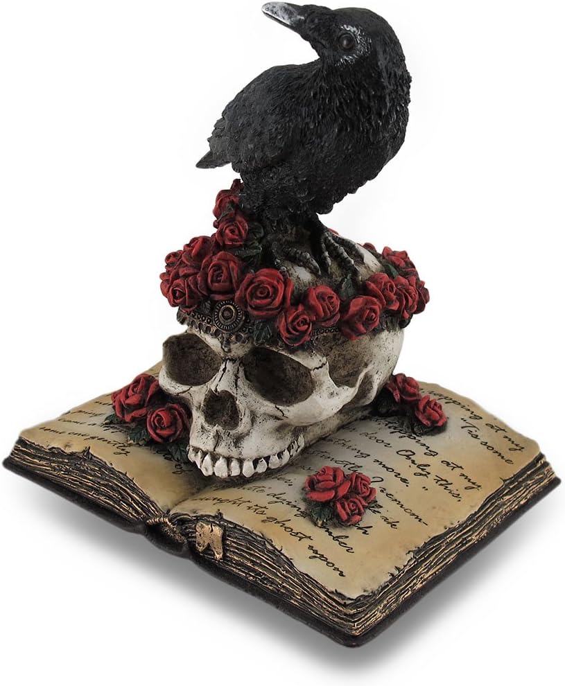 Zeckos Statue mit sitzendem Rabe auf Rose, Totenkopf und offener Poesie