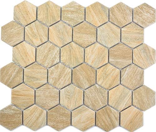 Mosaikfliese Keramik Hexagon Sechseck Holz beige Wandfliese Duschwand Wandverkleidung Badfliese Flie
