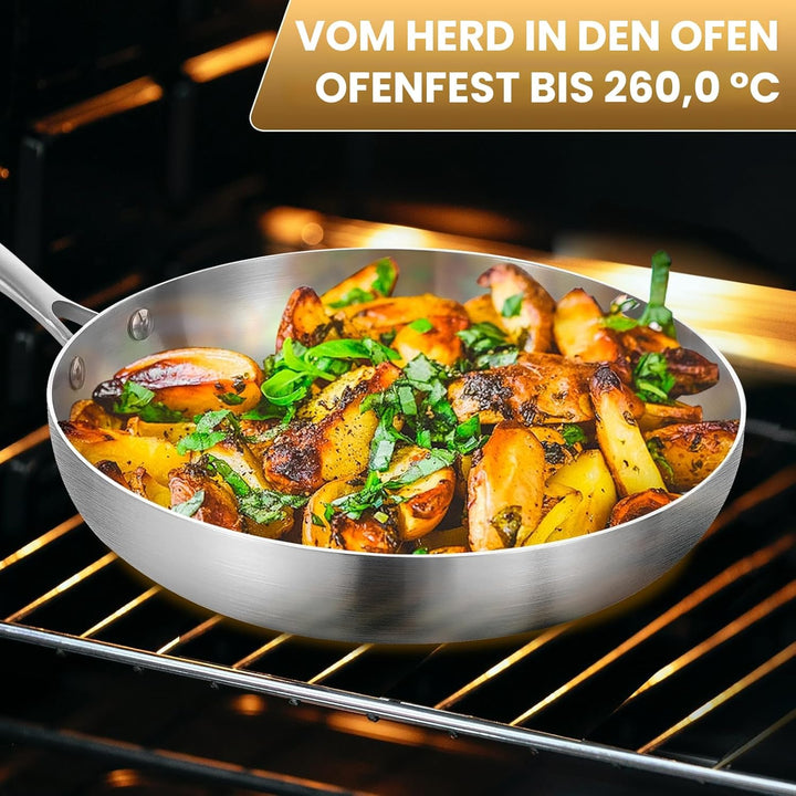 Inqibee Edelstahlpfanne Bratpfanne Unbeschichtet 22 cm mit Deckel - Pfanne Edelstahl, Stainless Stee