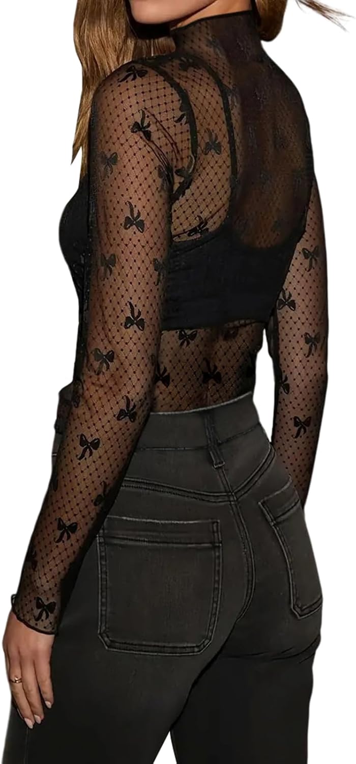 MAYFASEY Damen Sexy Body Langarm Hemden Transparentes Mesh Durchsichtiger Bodys Shirt Tops B-Schwarz
