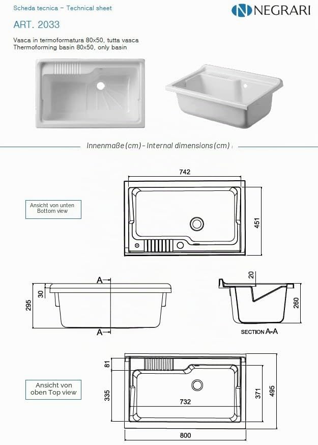 Negrari 9010KAM Waschbecken aus Kunstharz, 80 x 50 cm, Weiss, 80 x 50 cm, 12 Einheiten