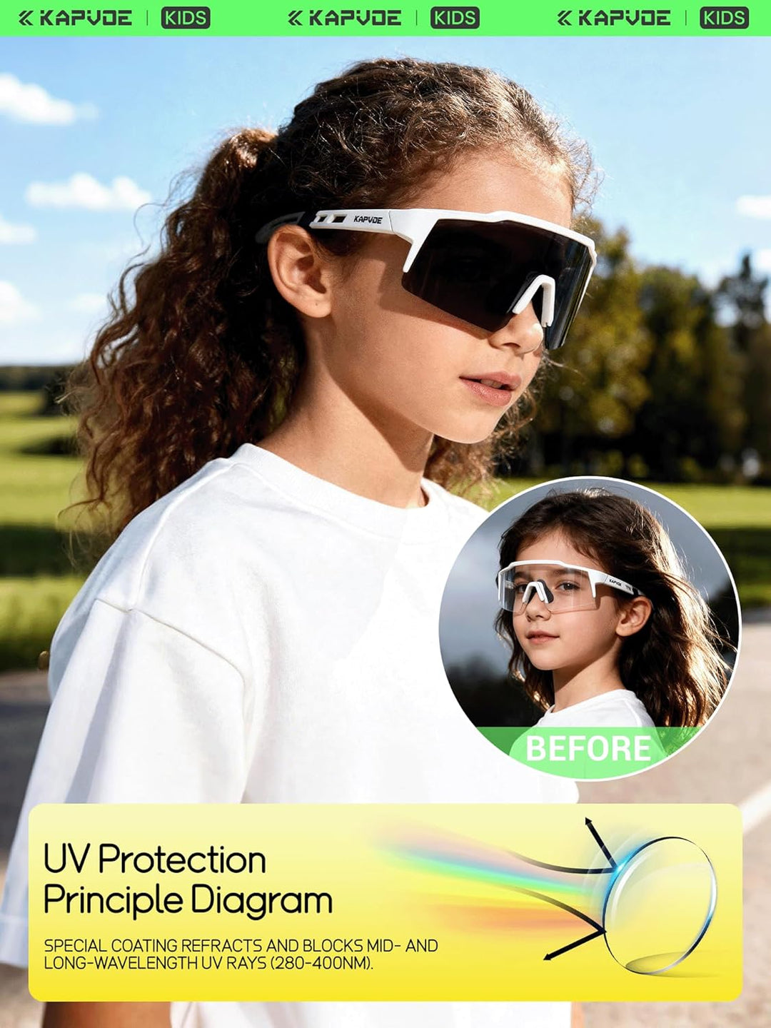 KAPVOE Kinder Fahrradbrille selbsttönend UV400, leichte Sportsonnenbrille mit photochromatischen Glä