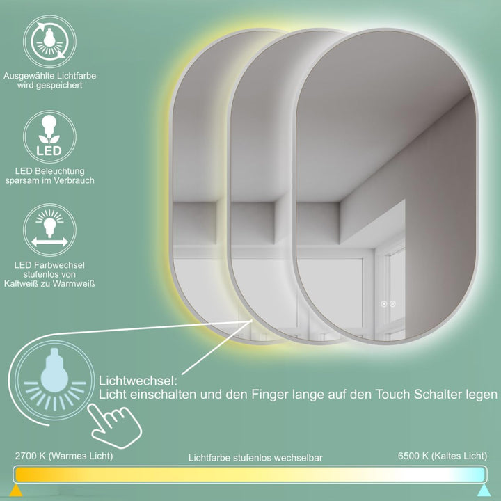 HOKO Design LED Anti-Fog Spiegel oval 60x100 cm / 100x60 cm Savona+ Metall Rahmen Weiss. HOCH+QUER M