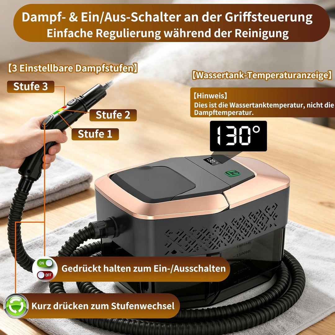 Dampfreiniger Handgerät, 2500W Handdampfreiniger mit Stufengriff, 8 Düsen, 1,8L Tank, 3 Dampfstufen,