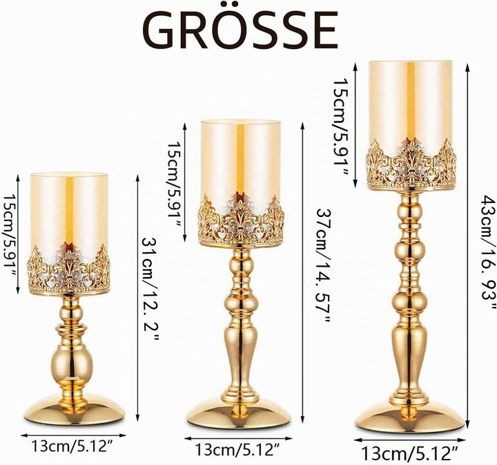 NUPTIO Säulenkerzenhalter mit Glas, 3er Set Hurricane-Kerzenhalter aus Gold Moderne Wohnkultur Gesch