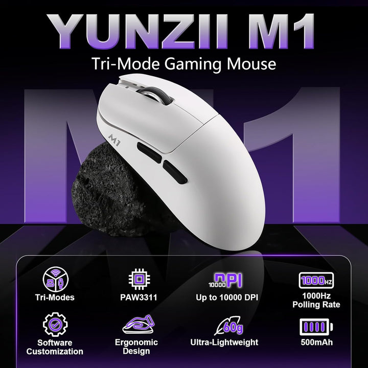YUNZII M1 Kabellose Gaming-Maus, BT/2.4G Wireless/Wired Ultralight Mouse, PAW3311-Sensor 10000 DPI,