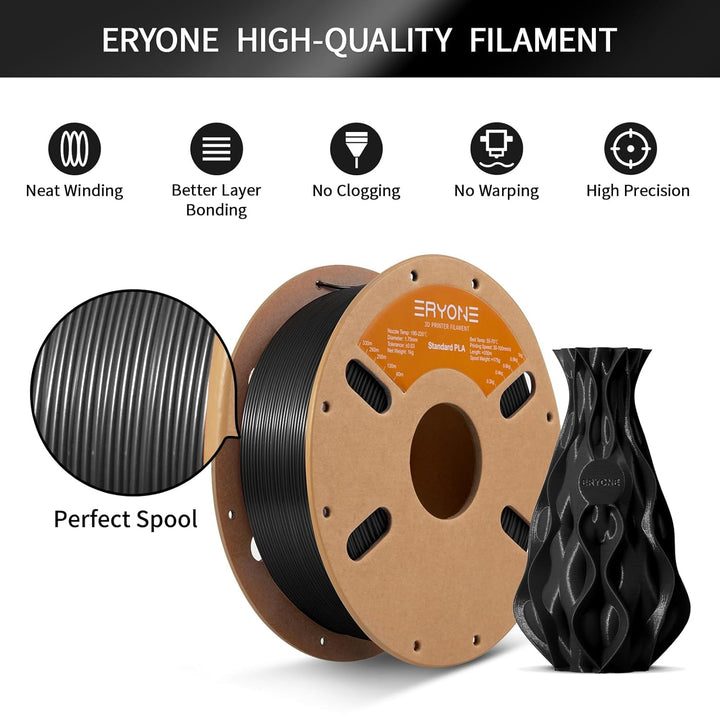ERYONE PLA Filament 1.75 mm, 3D-Drucker Filament PLA, 0,03 mm, 1 kg/Spule, Schwarz A-Regular-Schwarz
