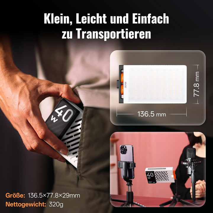 ZHIYUN FIVERAY M40 LED Videoleuchte [Official], 40W Videolicht mit 14000 Lux und 2700-6200K, CRI 96+