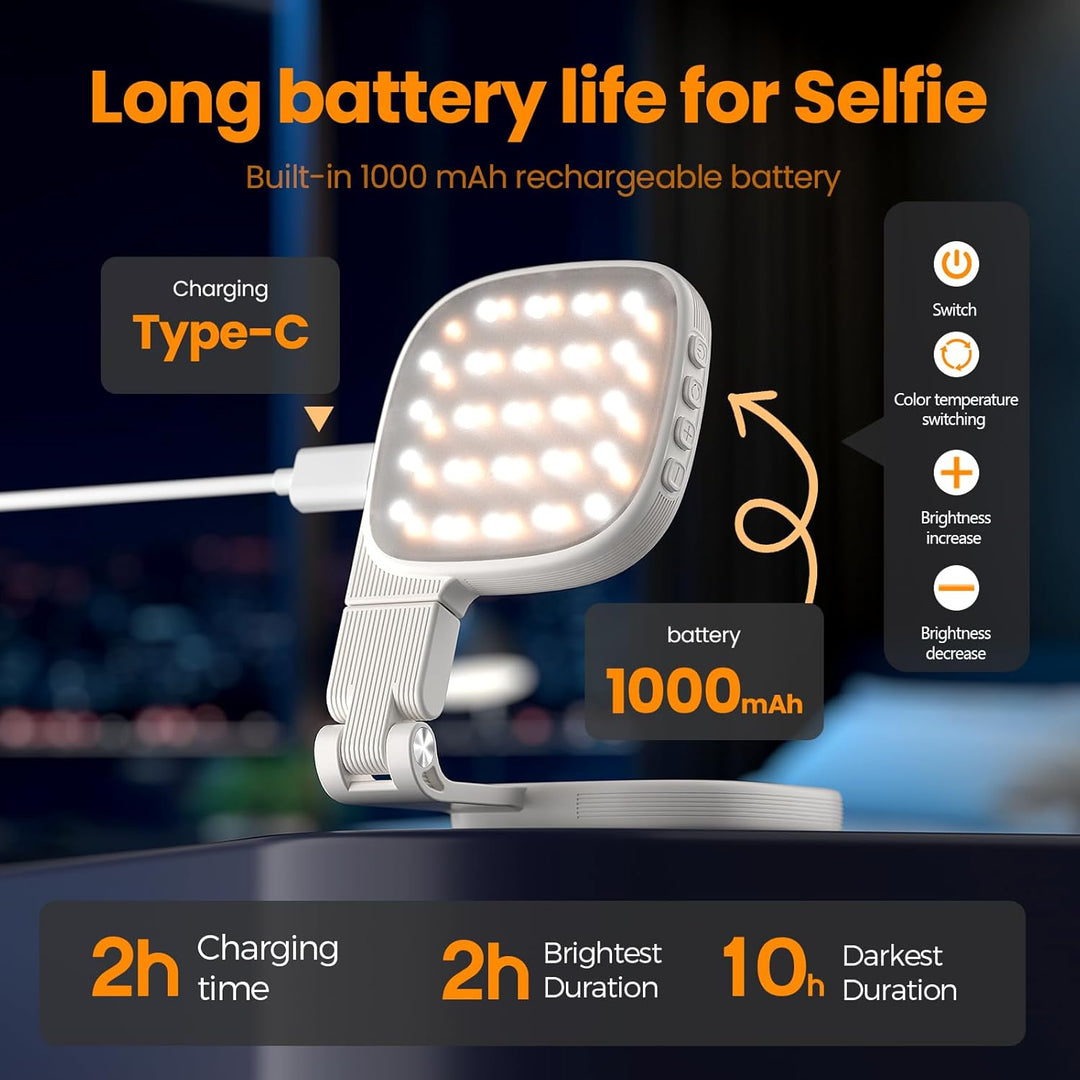 Magnetisches 3-in-1 Selfie-Licht mit Spiegel– 48 LEDs, 10 Helligkeitsstufen, 1000mAh Akku, Farbtempe