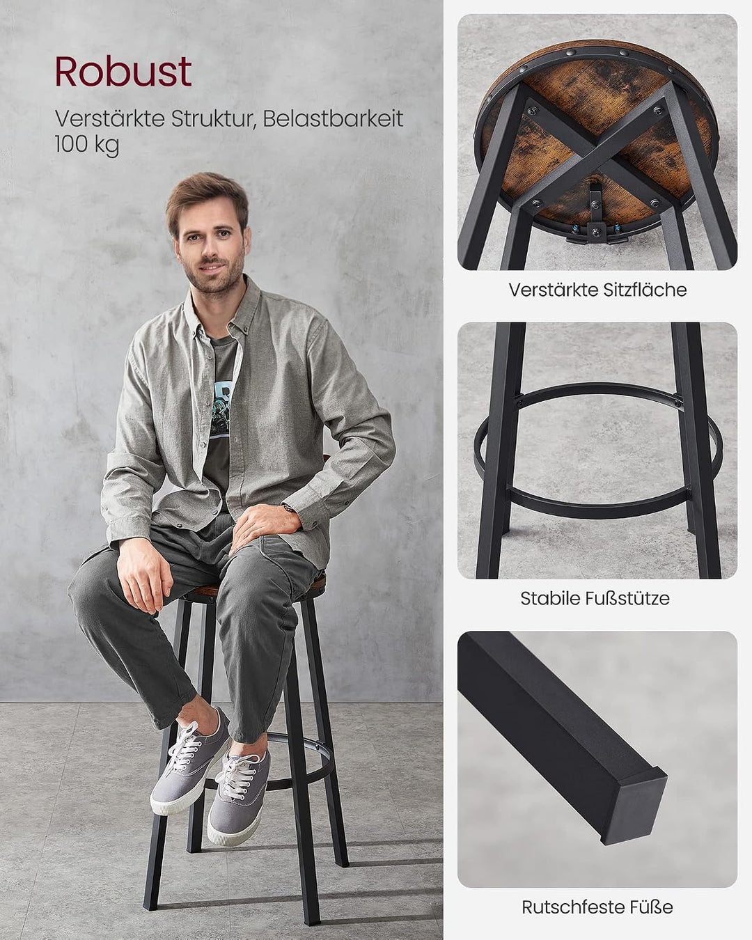 VASAGLE Barhocker, 4er Set, Barstühle, Küchenstühle mit stabilem Metallgestell, Sitzhöhe 73 cm, einf