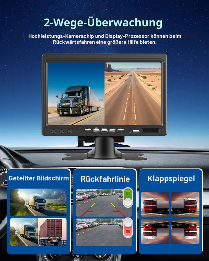 NHOPEEW Rückfahrkamera Kit mit 7 Zoll Monitor - Double 1080P Backup-Kamera Unterstützung IP69 wasser