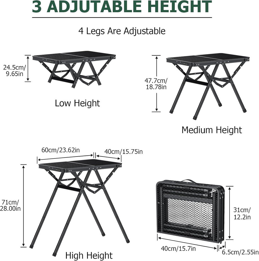 JiGiU Grilltisch 60x40cm Metallgitterplatte mit 3 Höhen & Aluminium Rahmen | Klapptisch Schwarz mit