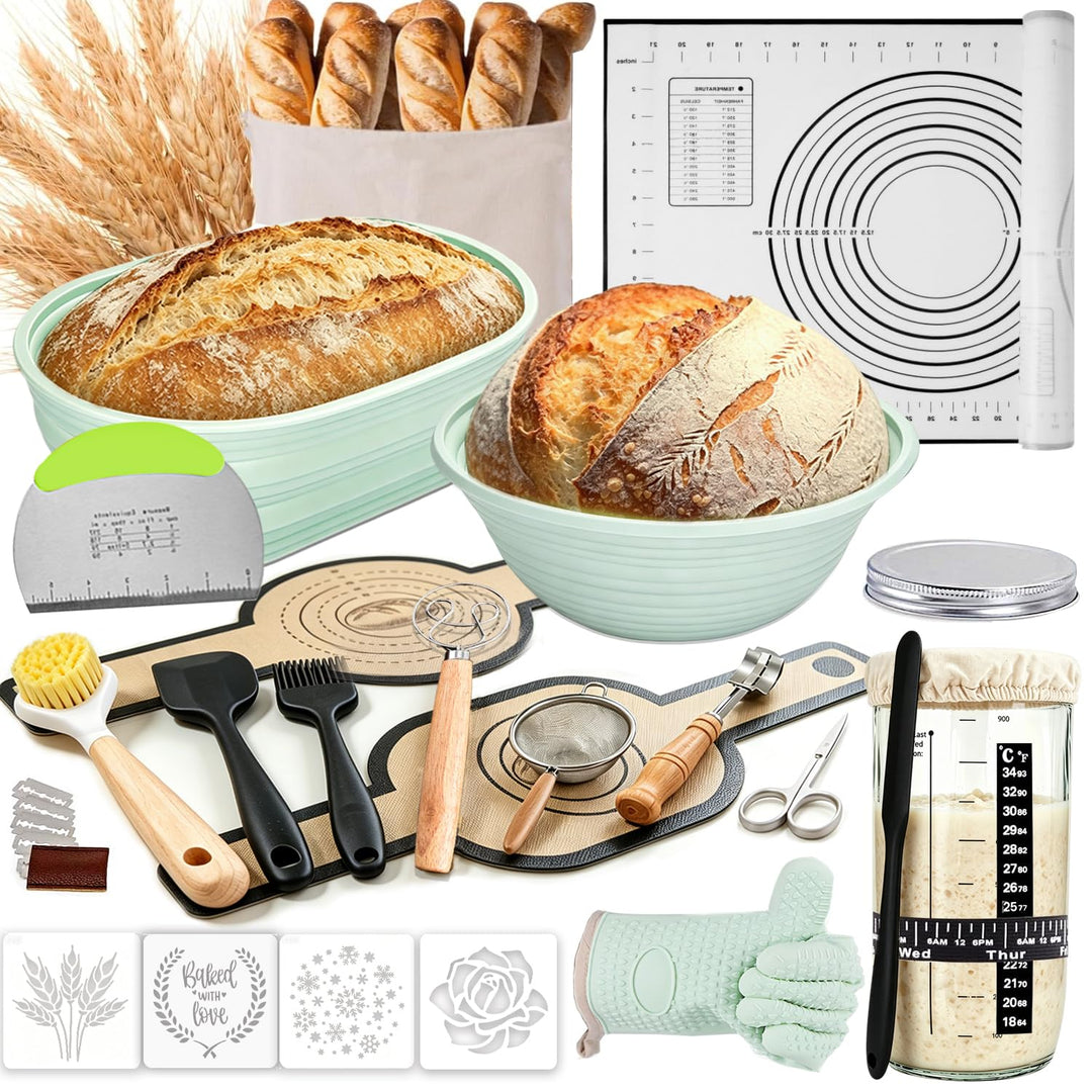 Sauerteig Starter Set, 30-teilig Gärkorb Brot, 30CM runde und ovale Silikon-Gärkörbe, Komplettset Br