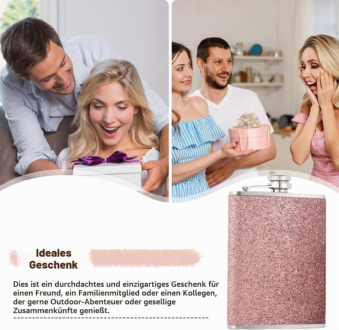 1x304 rosa 8Oz/240 ml Flachmann,Edelstahl-Flachmann für Damen,Flachmann mit Glitzer AuslaufsicherFla