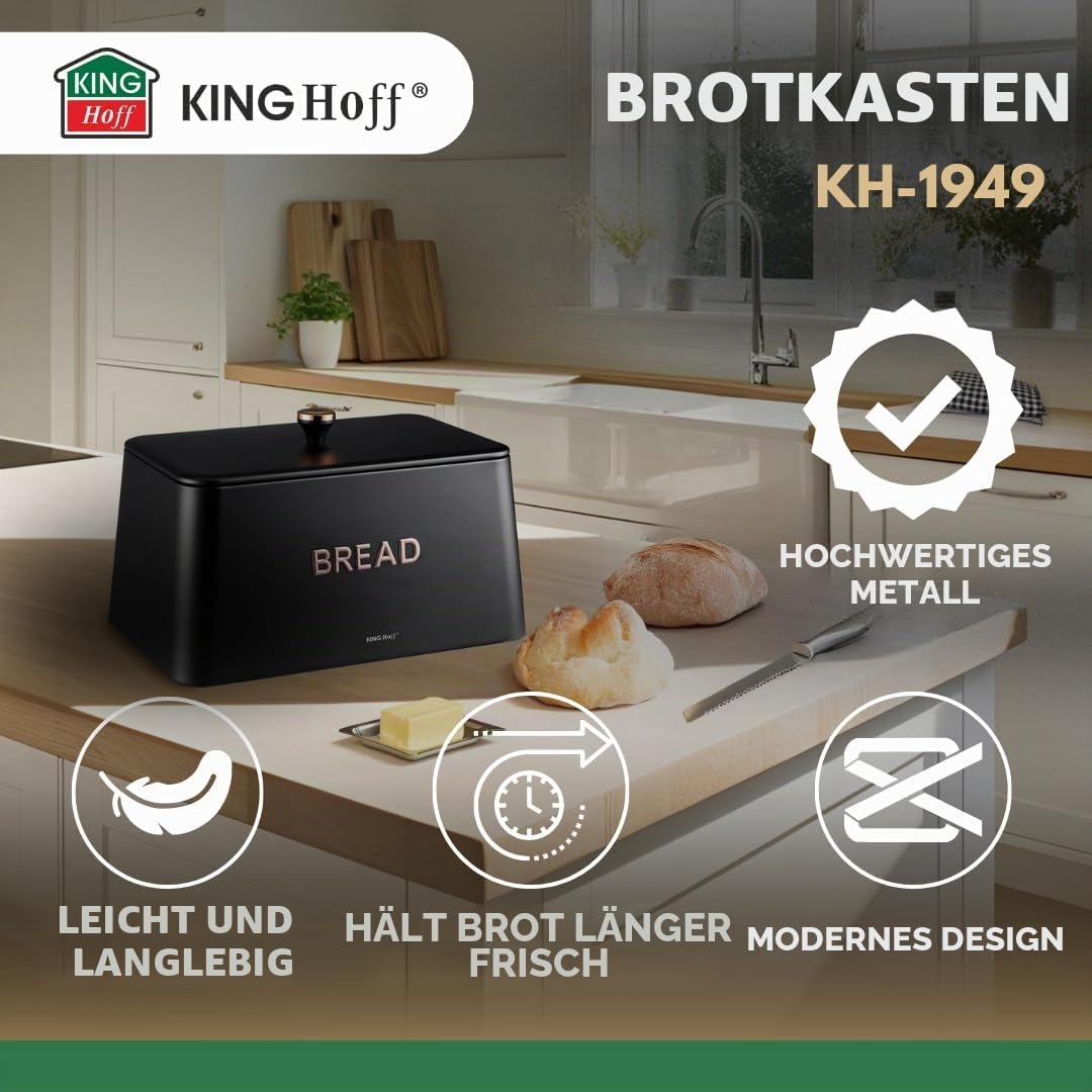 KING HOFF ELEGANTER,MODERNER BROTKASTEN AUS EDELSTAHL LEICHTE KONSTRUKTION GOLDENE AKZENTE (Schwarz)