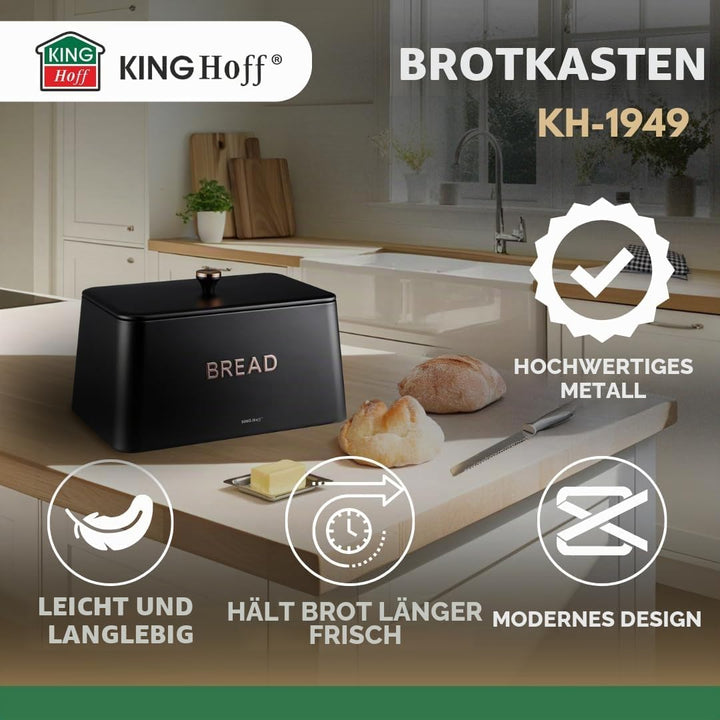 KING HOFF ELEGANTER,MODERNER BROTKASTEN AUS EDELSTAHL LEICHTE KONSTRUKTION GOLDENE AKZENTE (Schwarz)