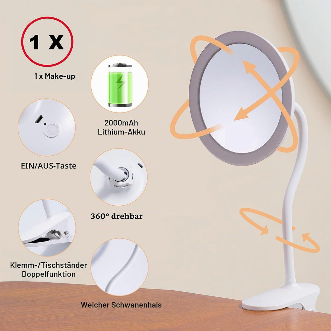 TUSHENGTU 16,5 cm Clip-on-Schminkspiegel mit Licht, Schwanenhals-Reise-Flachspiegel, USB-Aufladung (