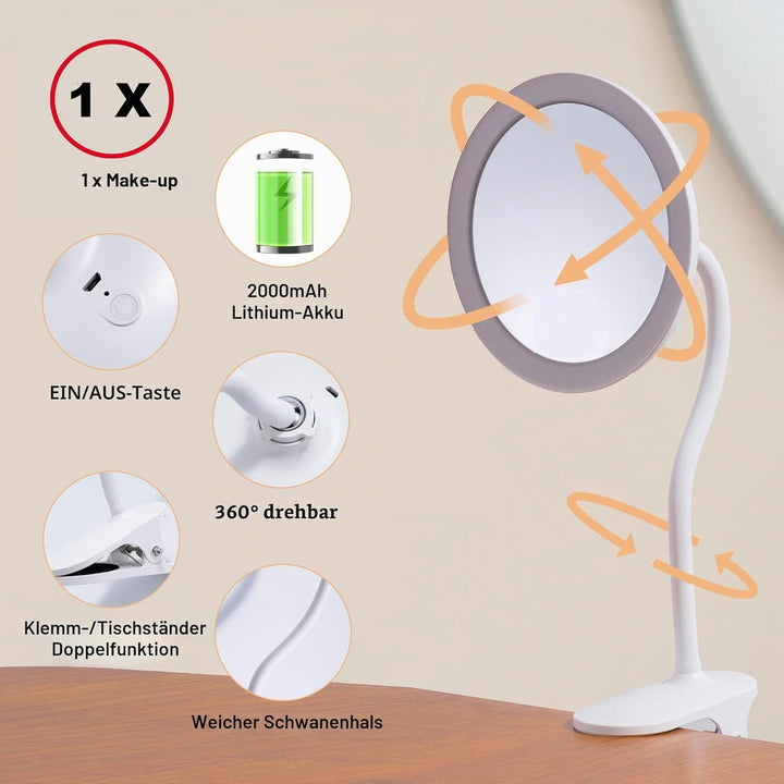 TUSHENGTU 16,5 cm Clip-on-Schminkspiegel mit Licht, Schwanenhals-Reise-Flachspiegel, USB-Aufladung (