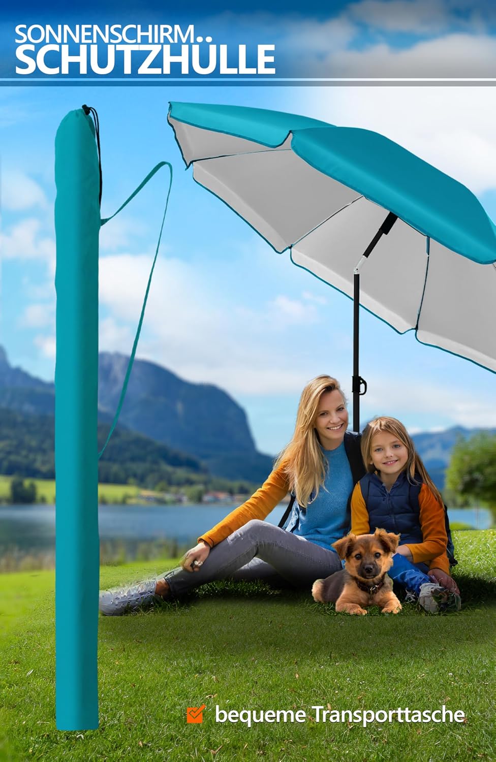 4smile Sonnenschirm Strand Ø 200 cm, 3-in-1 SET mit Bodenhülse, Türkis | UPF 50+ Strandschirm + Sonn