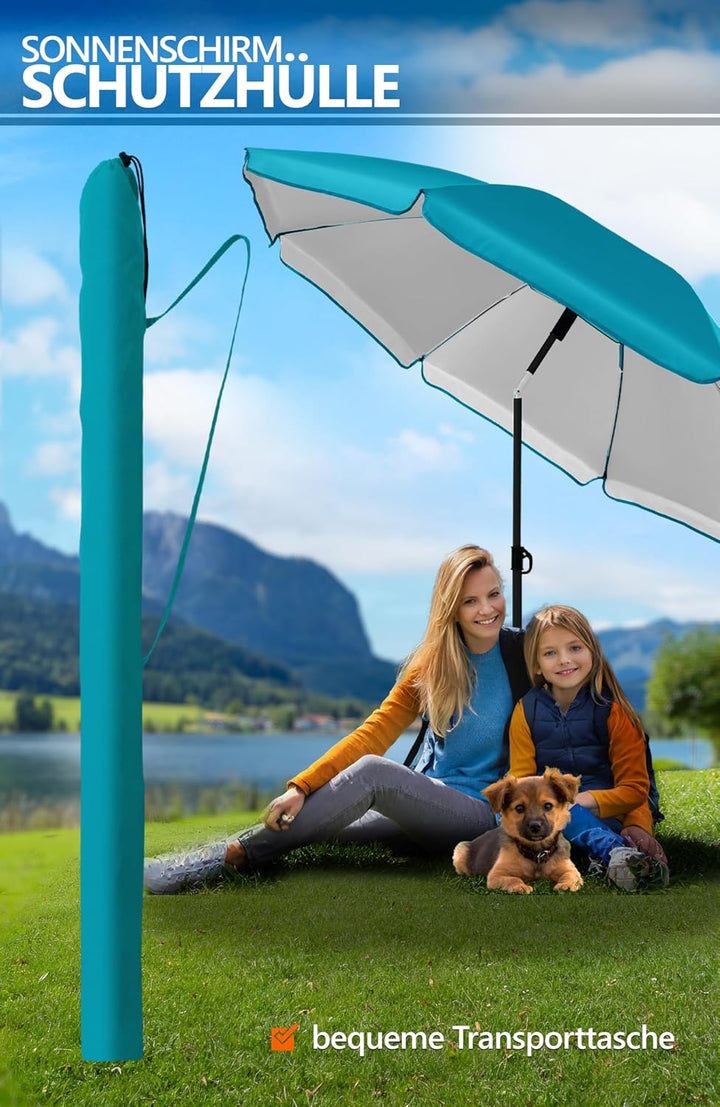4smile Sonnenschirm Strand Ø 200 cm, 3-in-1 SET mit Bodenhülse, Türkis | UPF 50+ Strandschirm + Sonn