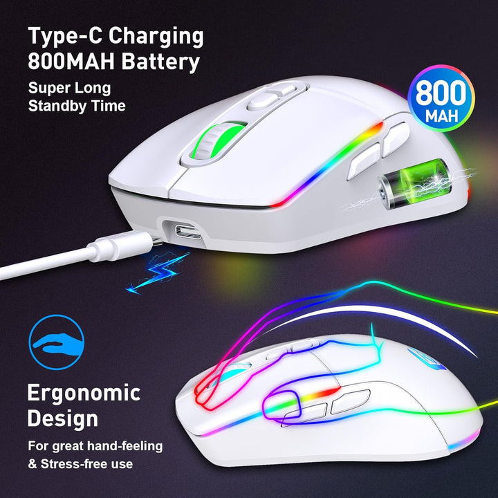 Kabellose Gaming Maus, Dual Mode 2.4GHz/Bluetooth 5.1 Maus Gaming, RGB LED Hintergrundbeleuchtung, E