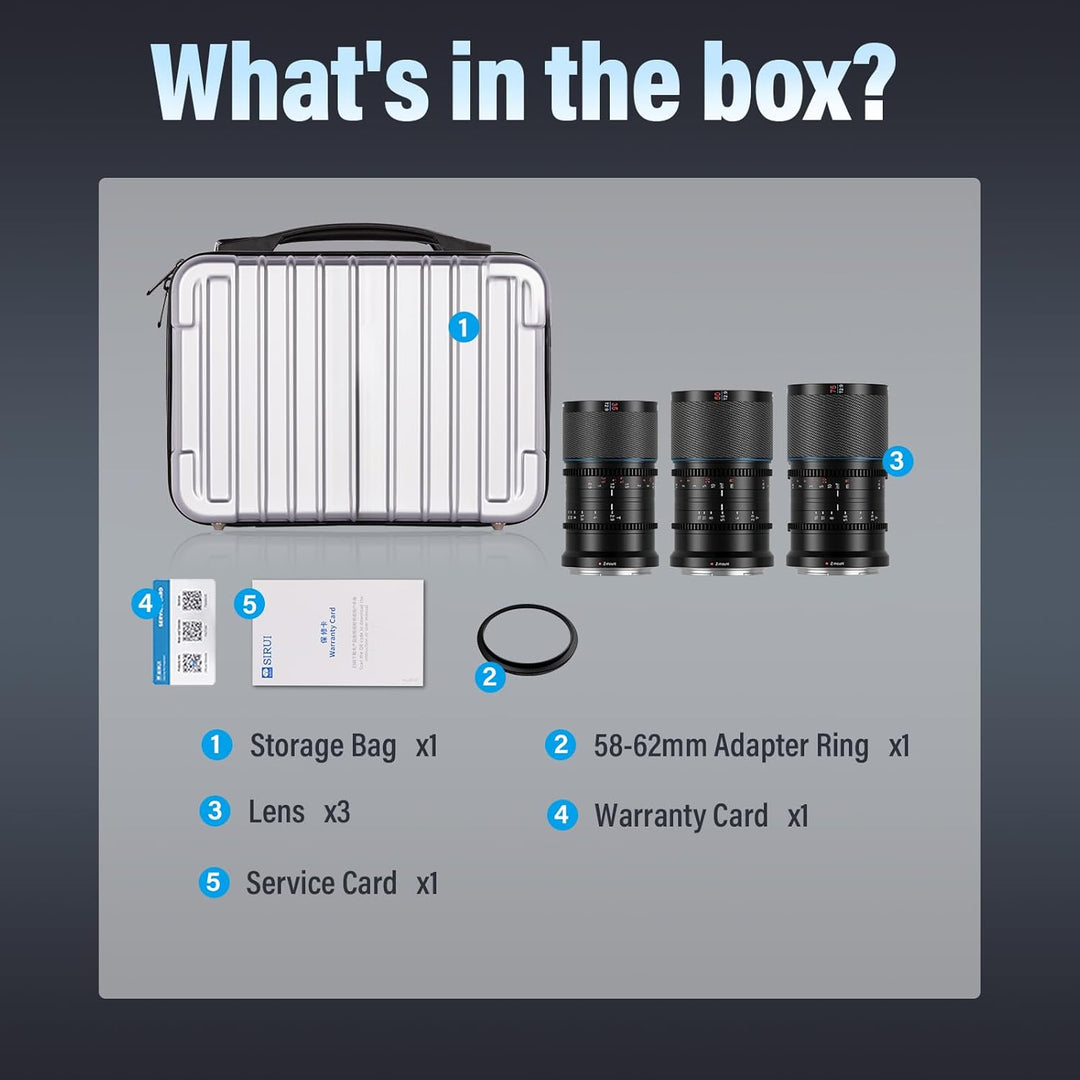 SIRUI Saturn 35 mm, 50 mm, 75 mm Objektiv-Set T2.9 1.6X Vollformat-Kohlefaser anamorphes Objektiv, C